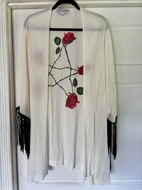 Gypsy Warrior Ivory Kimono with Red Rose Print and Black Fringe